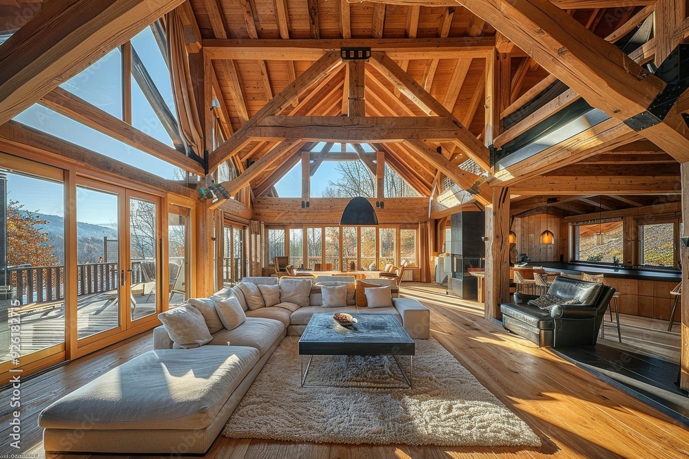 Modern Cabin Interior with Large Windows and Wood Beams.