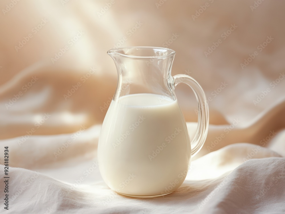 Glass Pitcher Filled with Fresh Raw Milk on a Creamy Fabric Background, Capturing the Essence of Pure Dairy Goodness Glass Pitcher Filled with Fresh Raw Milk on a Creamy Fabric Background, Capturing the Essence of Pure Dairy Goodness