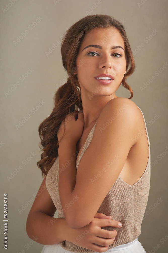 Model, happy and portrait on studio background for skincare, dermatology and healthy skin with face. Female person, smile and confident as model for beauty, aesthetic or routine with facial treatment Model, happy and portrait on studio background for skincare, dermatology and healthy skin with face. Female person, smile and confident as model for beauty, aesthetic or routine with facial treatment
