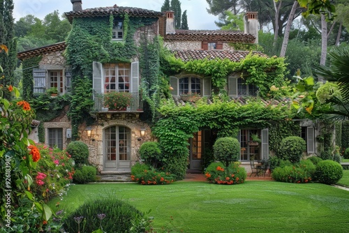 Stone House Covered in Ivy with Lush Garden.