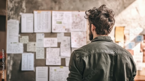 Man Contemplating Personal Development Goals Visualized on a Wall with Papers and Notes