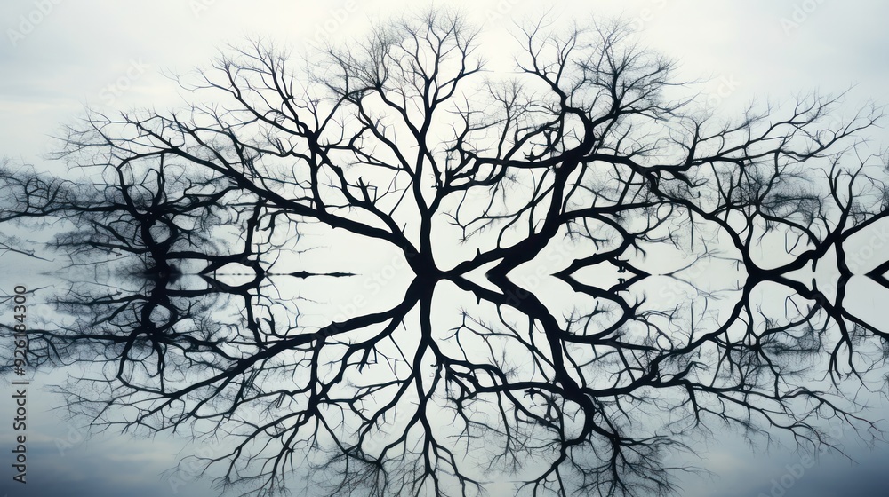 Obraz premium Abstract composition of twisted tree reflections on a serene body of water