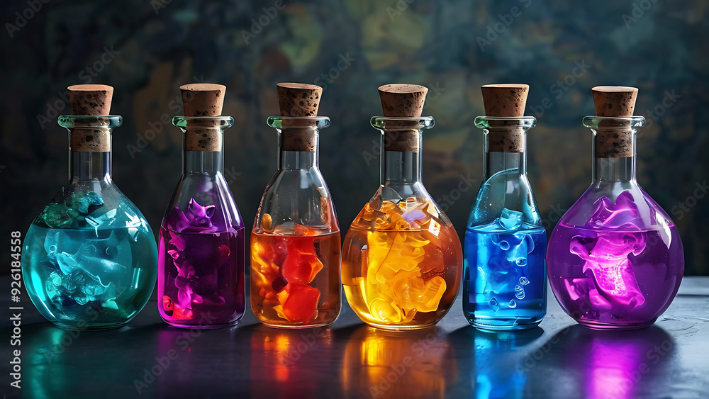 Potion bottles with colored liquids
Potion bottles with colored liquids