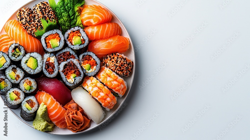 A vibrant assortment of sushi, featuring fresh salmon, tuna, and colorful rolls, perfect for food lovers and culinary enthusiasts. A vibrant assortment of sushi, featuring fresh salmon, tuna, and colorful rolls, perfect for food lovers and culinary enthusiasts.