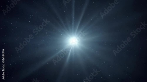 video of luminous starburst emanating from single bright point in dark, star-filled sky, concept of cosmic energy and celestial beauty