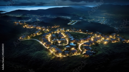 Aerial nighttime view of Loa Ridge neighborhood in Hawaii, highlighting the radiant streetlights and lit-up homes. photo