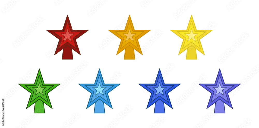 Set vector tree topper stars for Christmas tree in rainbow colors. Isolated Decorated stars for the tree. Decorative traditional design in deferent colors for top of Xmas pine tree. Set vector tree topper stars for Christmas tree in rainbow colors. Isolated Decorated stars for the tree. Decorative traditional design in deferent colors for top of Xmas pine tree.