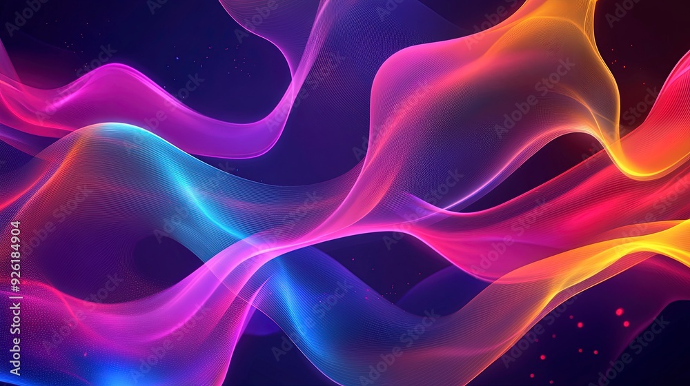 Obraz premium Vibrant abstract background with wavy fluorescent colors in a modern Fluxus style. Generative ai