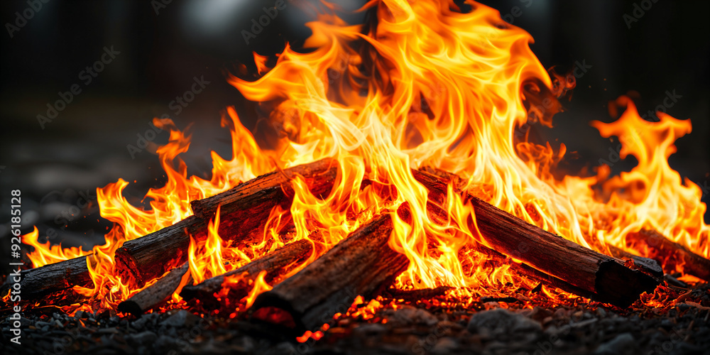 A large pile of burning logs, with flames consuming the wood and casting light on the surrounding area. A large pile of burning logs, with flames consuming the wood and casting light on the surrounding area.