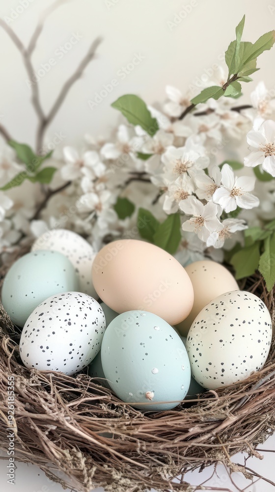 Pastel Easter eggs are nestled in a natural nest with delicate spring blossoms around them, creating a festive atmosphere Pastel Easter eggs are nestled in a natural nest with delicate spring blossoms around them, creating a festive atmosphere