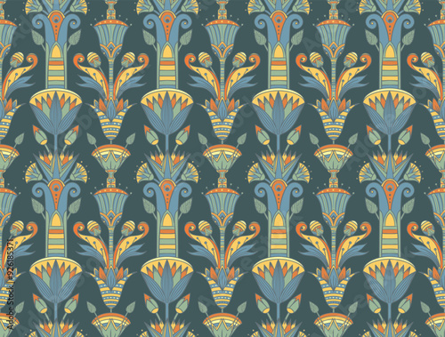 Seamless vector pattern of ancient Egyptian lotus flower. Repeating background. Retro hand drawn vector repeating illustration in earthy colors.