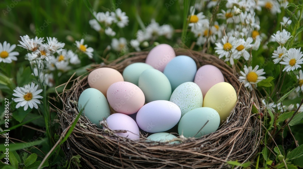 A nest holds various pastel-colored eggs among fresh daisies in a sunlit grassy area A nest holds various pastel-colored eggs among fresh daisies in a sunlit grassy area