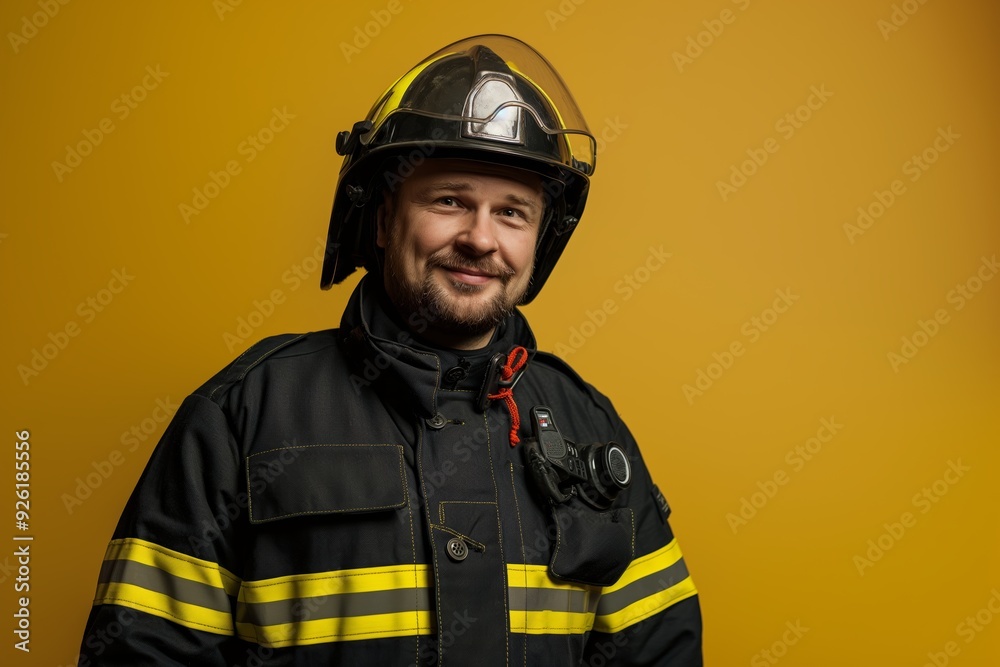 Confident Firefighter in Uniform Smiling at Camera with Professional Pose in Isolated Background Confident Firefighter in Uniform Smiling at Camera with Professional Pose in Isolated Background