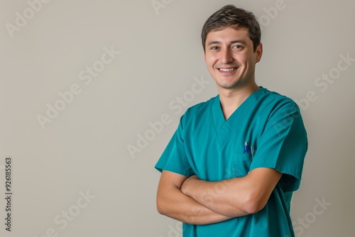 Compassionate Veterinarian in Scrubs Smiling at Camera with Professional Pose