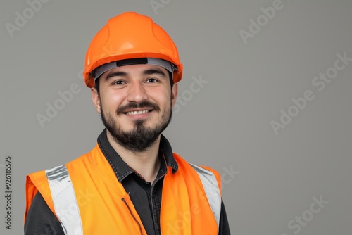 Skilled Engineer in Safety Helmet Smiling at Camera in Professional Pose on Isolated Background