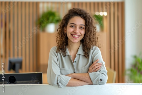 Confident Business Receptionist Smiling in Professional Pose