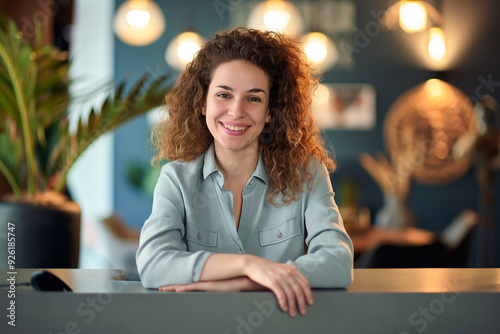 Professional Portrait of a Smiling Receptionist in Business Casual Attire