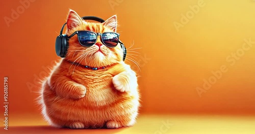 Funny fat cat wearing headphones and dancing on orange background. Music, party concept.