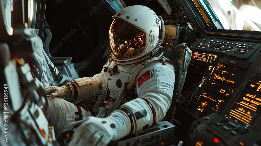Interior of a space rocket with an astronaut sitting calmly, side profile view, highlighting the advanced equipment and spacecraft environment. Interior of a space rocket with an astronaut sitting calmly, side profile view, highlighting the advanced equipment and spacecraft environment.