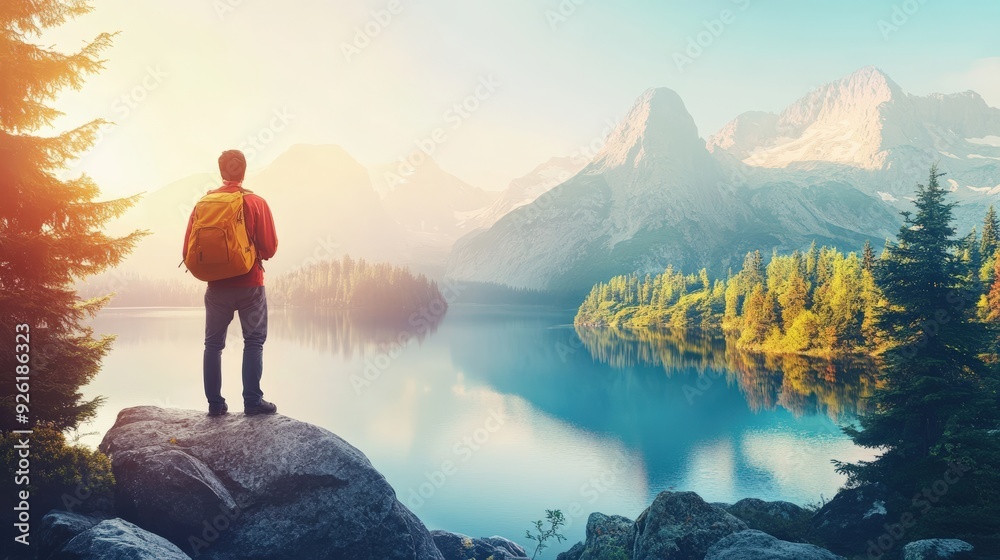 Naklejka premium Solitary Figure with Backpack Gazing at Tranquil Mountain Lake, Serene and Peaceful Landscape
