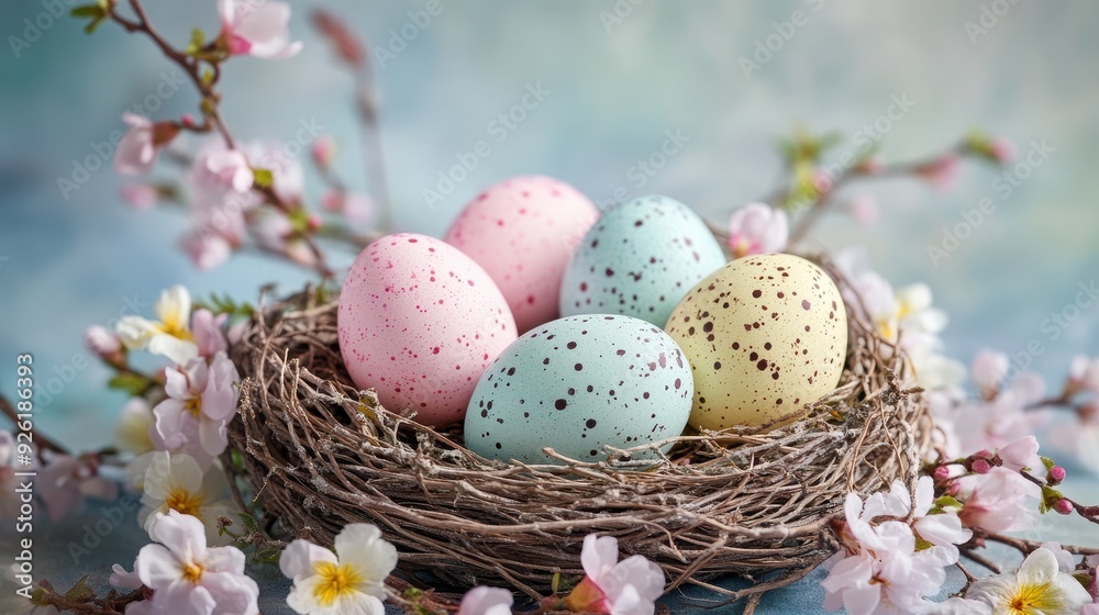 Speckled eggs rest in a nest among delicate spring flowers, creating a vibrant seasonal display Speckled eggs rest in a nest among delicate spring flowers, creating a vibrant seasonal display