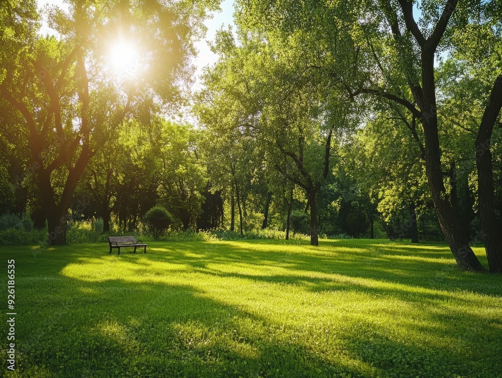 Obraz premium Sunny Park with Green Grass and a Bench Underneath a Canopy of Trees