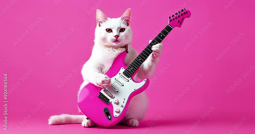 Funny white cat plays the guitar. Music concept.