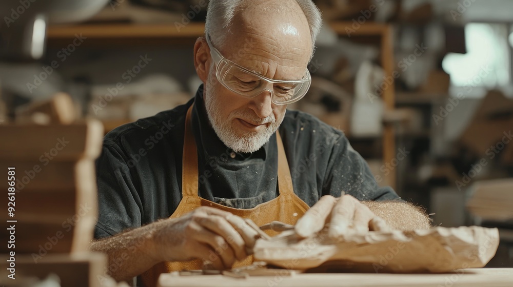 Man in safety glasses and apron, carving wood in a workshop, hands skillfully using tools to shape the material, a look of concentration on his face. Man in safety glasses and apron, carving wood in a workshop, hands skillfully using tools to shape the material, a look of concentration on his face.