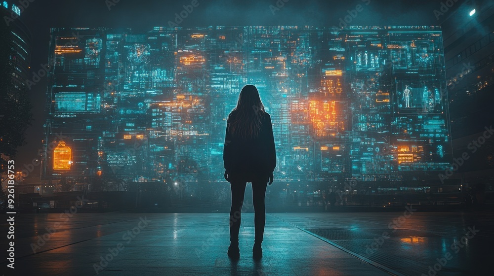 A silhouette stands before a massive digital screen with data streams revealing cyber threats and system vulnerabilities. Digital security and cyber risk concept.