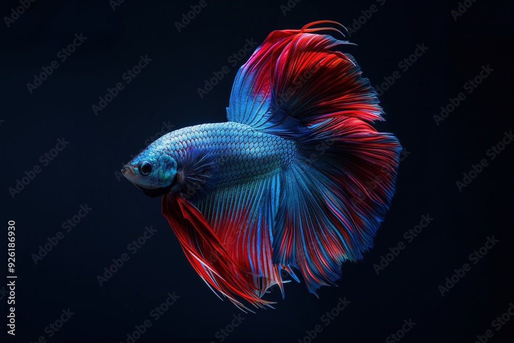 Vibrant blue and red Siamese fighting fish with flowing fins against a dark background. Vibrant blue and red Siamese fighting fish with flowing fins against a dark background.