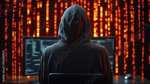 Anonymous hacker in a hoodie intensely focused on deciphering intricate lines of code, seated in front of a large monitor. A shadowy, immersive depiction of hacking captured with dynamic lighting