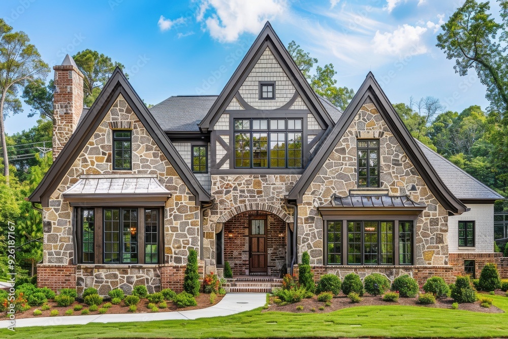 Stone and Brick Tudor Style Home with Lush Landscaping. Stone and Brick Tudor Style Home with Lush Landscaping.