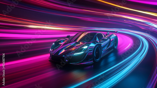 A fast sports car races down a neon-lit highway. The supercar accelerates rapidly on a nighttime road, surrounded by vibrant lights and streaks. This is a 3D rendering.