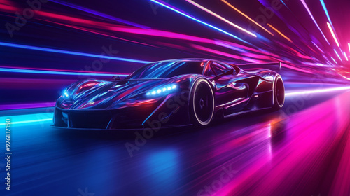 A fast sports car races down a neon-lit highway. The supercar accelerates rapidly on a nighttime road, surrounded by vibrant lights and streaks. This is a 3D rendering.