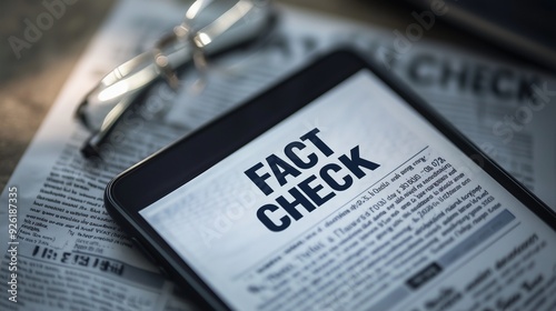 Tablet displaying 'fact check' on a newspaper, emphasizing the importance of verifying information to combat fake news. photo