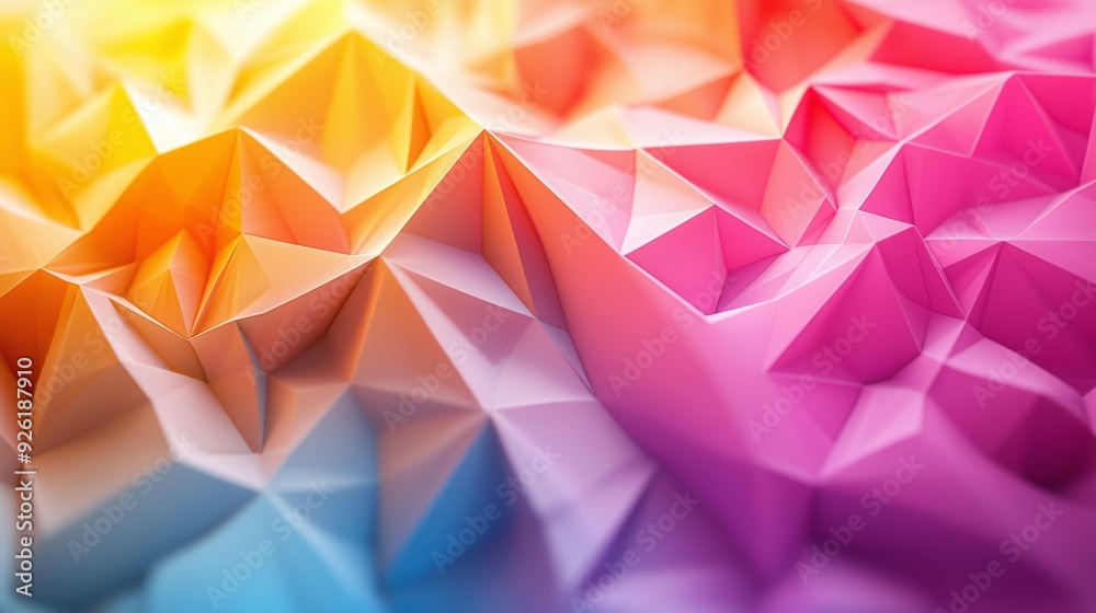 Abstract artwork composed of 3D low poly geometric shapes in vibrant shades of yellow, pink, and blue, creating a dynamic and textured visual. Abstract artwork composed of 3D low poly geometric shapes in vibrant shades of yellow, pink, and blue, creating a dynamic and textured visual.