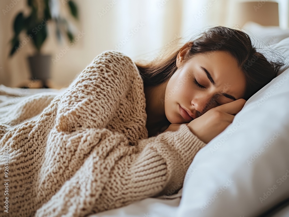 Woman Sleeping Peacefully in a Knitted Blanket, Resting on a White Pillow in a Cozy Bedroom Setting Woman Sleeping Peacefully in a Knitted Blanket, Resting on a White Pillow in a Cozy Bedroom Setting