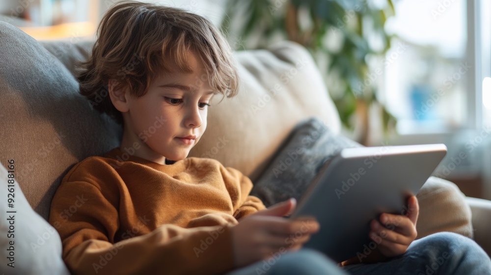 Young Boy Studying on a Tablet, Focused on E-learning Resources, Sitting in a Cozy Living Room Young Boy Studying on a Tablet, Focused on E-learning Resources, Sitting in a Cozy Living Room