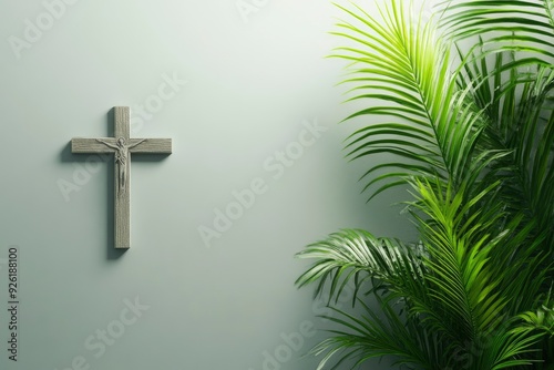 Palm sunday background. Cross and palm on grey background , ai