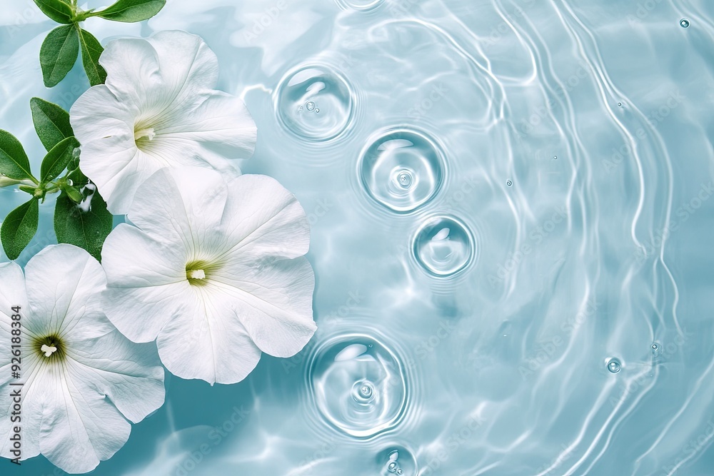 top view white petunia flower on water surface with circles and drop clear water top view white petunia flower on water surface with circles and drop clear water