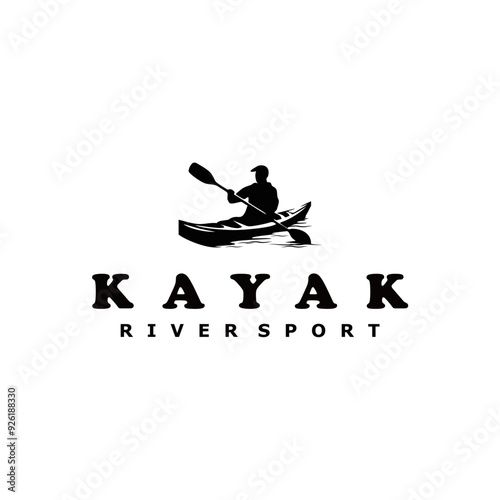 Kayak boat paddle pedal, logo design silhouette concept for shirt or logo, print, stamp or tee. Vintage typography design with a man in a canoe, summer Camping lake.