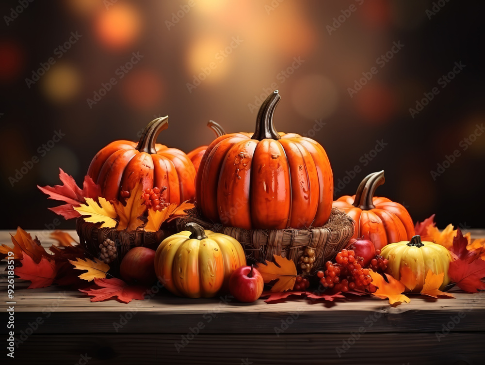 Eyecatching Hand drawn thanksgiving greeting card with leaves, pumpkin and spica on wood background Eyecatching Hand drawn thanksgiving greeting card with leaves, pumpkin and spica on wood background