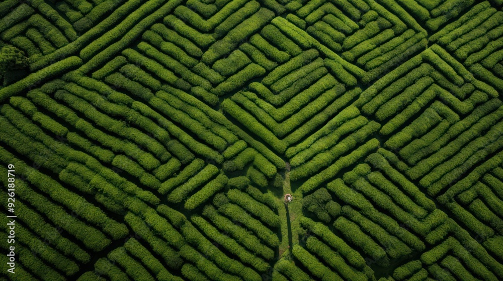 Overhead shot of an expansive tea tree plantation with meticulously aligned rows forming Overhead shot of an expansive tea tree plantation with meticulously aligned rows forming