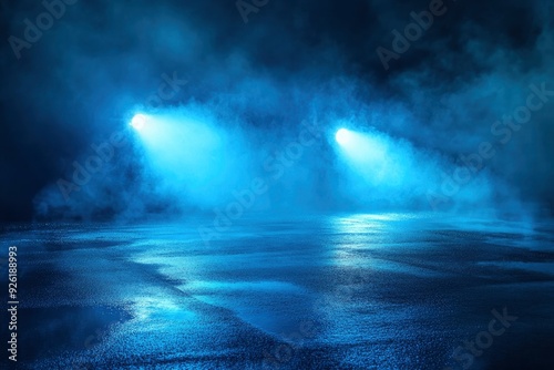 Rays searchlight light blue neon . Dark empty scene with smoke. Reflections on wet asphalt , ai