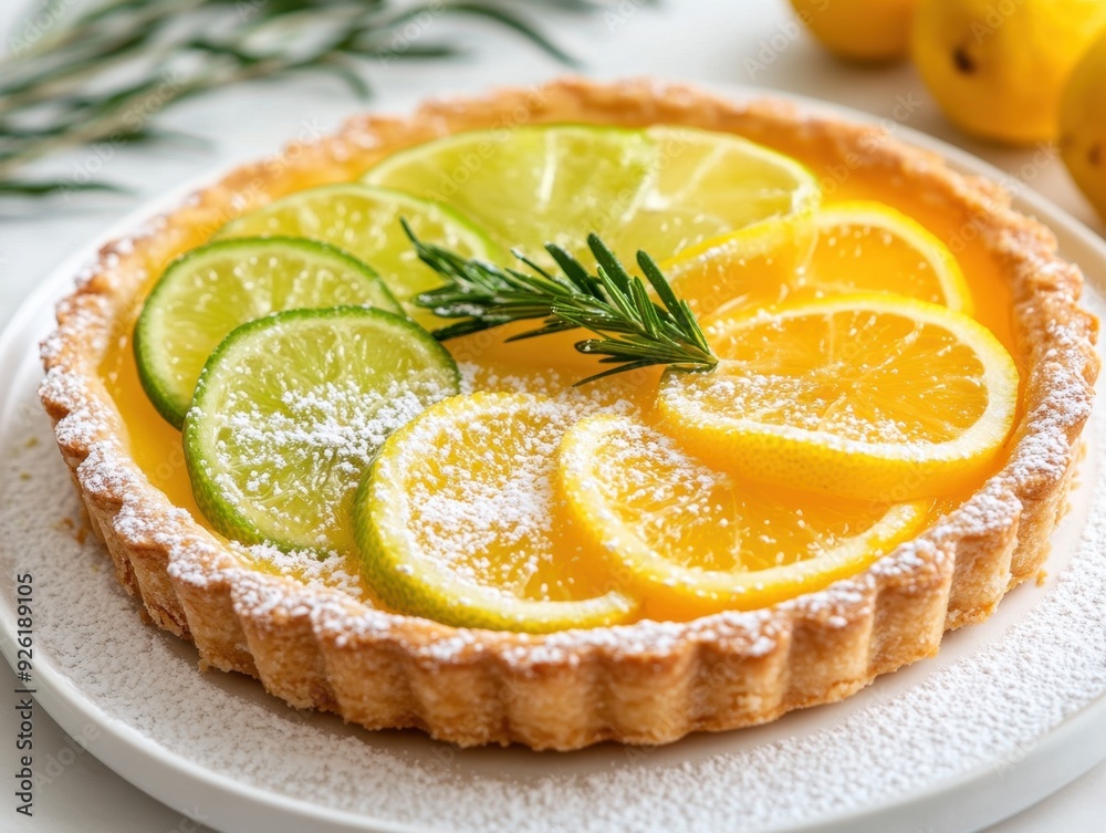 A vibrant lemon tart topped with citrus slices and powdered sugar, perfect for dessert. A vibrant lemon tart topped with citrus slices and powdered sugar, perfect for dessert.