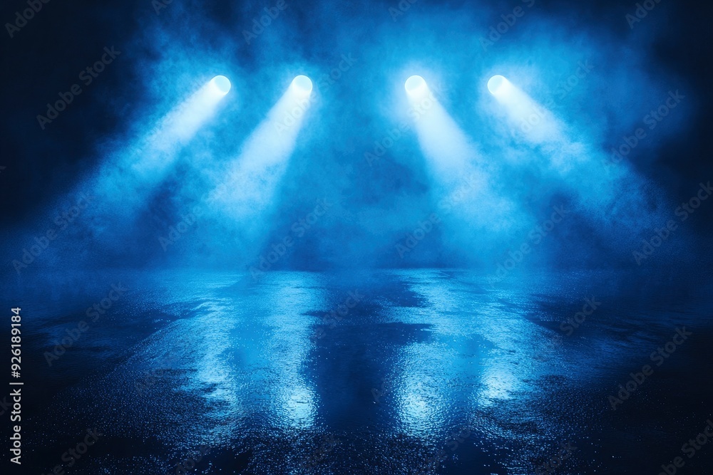 custom made wallpaper toronto digitalRays searchlight light blue neon . Dark empty scene with smoke. Reflections on wet asphalt , ai