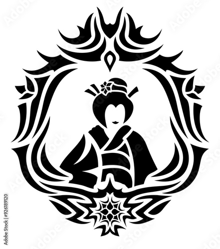Black tribal tattoo art with asian woman