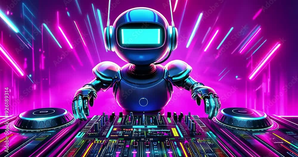 Robot DJ on night clubbing background. Party, music, dance concept.