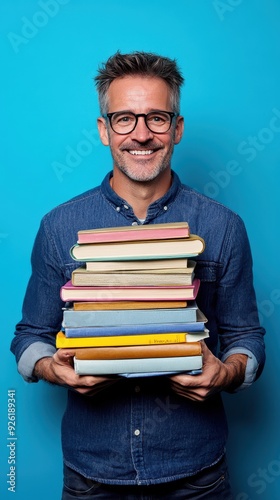 A cheerful man enjoys holding a variety of books in a relaxed pose