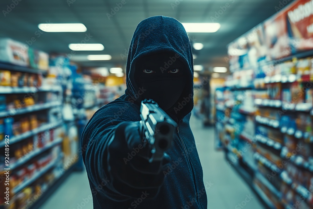 A tense moment captured in a convenience store as a masked individual brandishes a handgun, creating a high-stakes robbery scenario A tense moment captured in a convenience store as a masked individual brandishes a handgun, creating a high-stakes robbery scenario